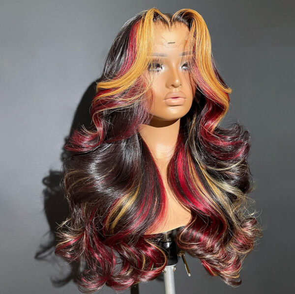 Wholesale Bulk Sale Manufacturer High Quality Closure Frontal 13*6 HD Lace 100% Human Hair   Golden and Red and Black Highlight Body Wave With Baby Hair Wigs for Women