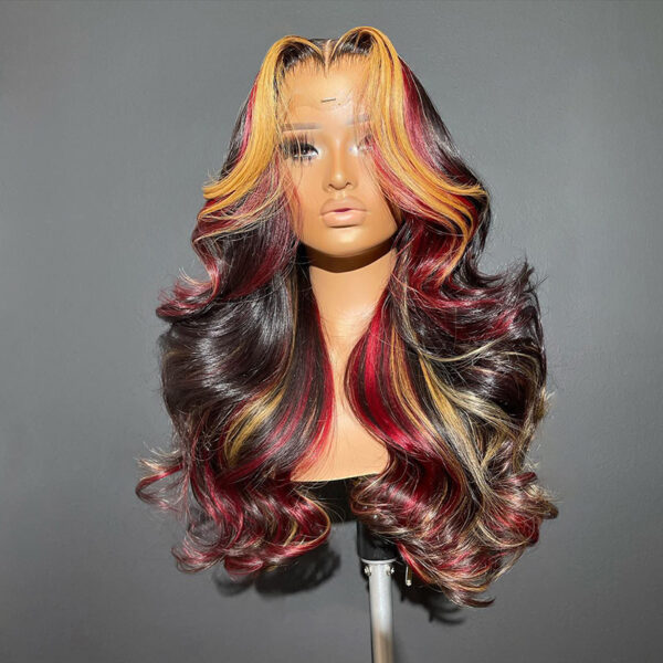 Wholesale Bulk Sale Manufacturer High Quality Closure Frontal 13*6 HD Lace 100% Human Hair   Golden and Red and Black Highlight Body Wave With Baby Hair Wigs for Women - Image 2