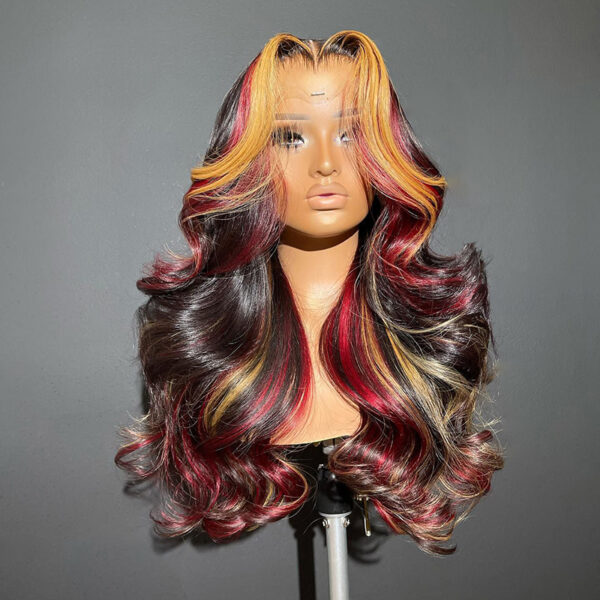 Wholesale Bulk Sale Manufacturer High Quality Closure Frontal 13*6 HD Lace 100% Human Hair   Golden and Red and Black Highlight Body Wave With Baby Hair Wigs for Women - Image 4