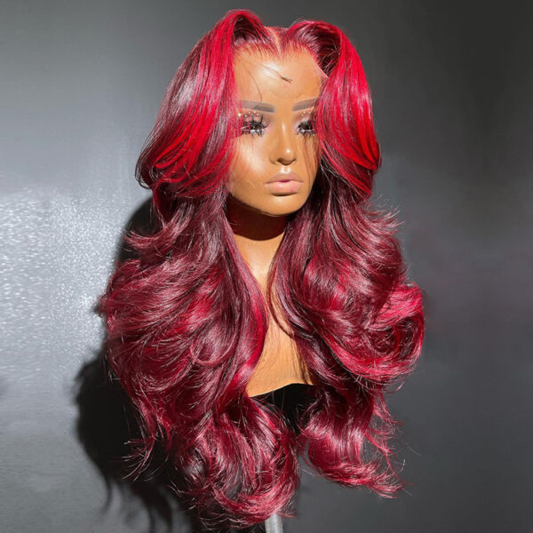 Wholesale Bulk Sale Manufacturer High Quality Closure Frontal 13*6 HD Lace 100% Human Hair  Bright red and  Burgundy red Highlight Deep Wave With Baby Hair Wigs for Women - Image 2