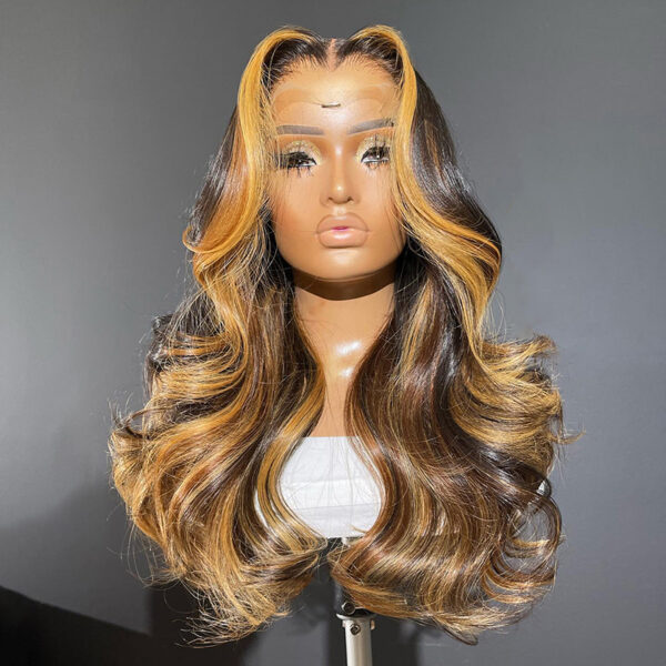 Wholesale Bulk Sale Manufacturer High Quality Closure Frontal 13*6 HD Lace 100% Human Hair  Brown and Honey Gold and Deep Gold Highlight Deep Wave With Baby Hair Wigs for Women - Image 2