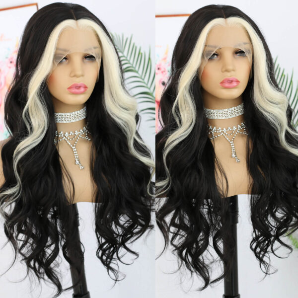 Synthetic Fiber Wig Wholesale Bulk Sale Factory  High Quality Lace Front Wig Loose Wave with Baby Hair Blak and White Streak  Glueless Wigs - Image 2