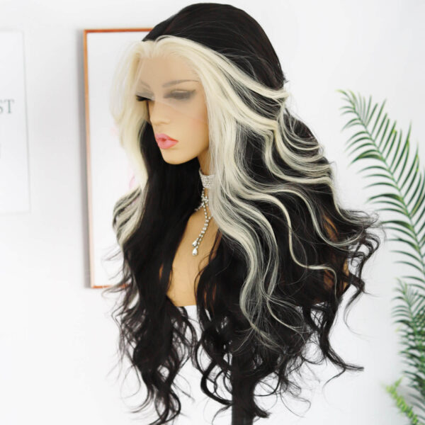 Synthetic Fiber Wig Wholesale Bulk Sale Factory  High Quality Lace Front Wig Loose Wave with Baby Hair Blak and White Streak  Glueless Wigs - Image 5