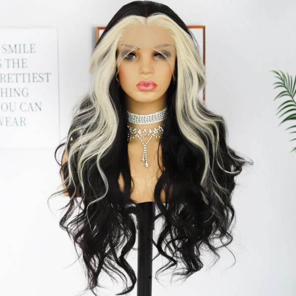 Synthetic Fiber Wig Wholesale Bulk Sale Factory  High Quality Lace Front Wig Loose Wave with Baby Hair Blak and White Streak  Glueless Wigs - Image 6