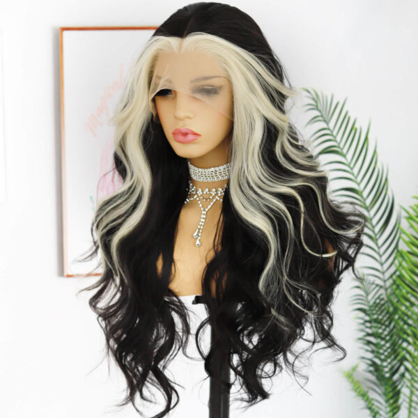 Synthetic Fiber Wig Wholesale Bulk Sale Factory  High Quality Lace Front Wig Loose Wave with Baby Hair Blak and White Streak  Glueless Wigs - Image 7