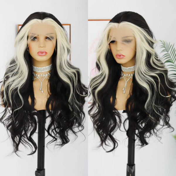 Synthetic Fiber Wig Wholesale Bulk Sale Factory  High Quality Lace Front Wig Loose Wave with Baby Hair Blak and White Streak  Glueless Wigs - Image 4