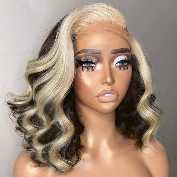 Synthetic Fiber Wig Wholesale Bulk Sale Factory  High Quality Lace Front Wig Loose Wave with Baby Hair Black with Blonde Streak Colorful Glueless Wigs