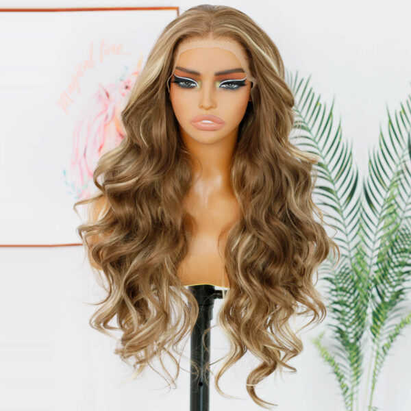 Synthetic Fiber Wig Wholesale Bulk Sale Factory  High Quality Lace Front Wig Loose Wave with Baby Hair Blonde Skunk Stripe  Glueless Wigs – Image 5