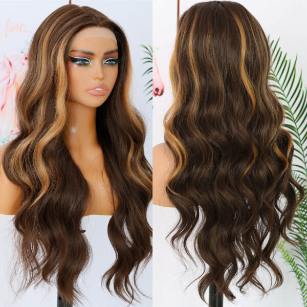 Synthetic Fiber Wig Wholesale Bulk Sale Factory  High Quality Lace Front Wig Body Wave Brown Highlight  Glueless Wigs - Image 3