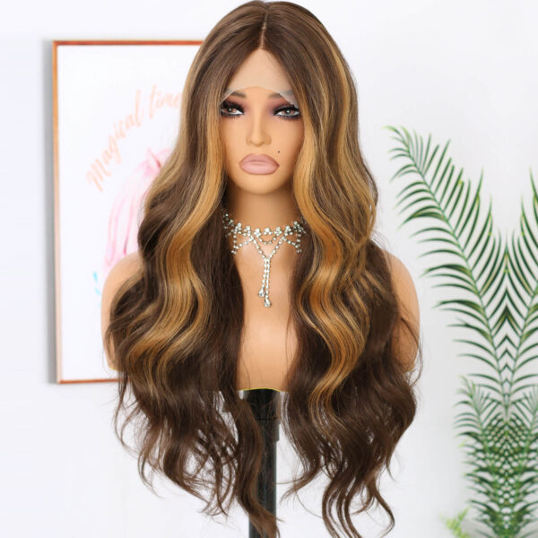 Synthetic Fiber Wig Wholesale Bulk Sale Factory  High Quality Lace Front Wig Body Wave Brown Highlight  Glueless Wigs - Image 4