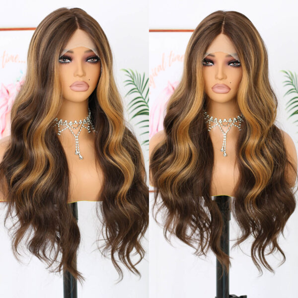 Synthetic Fiber Wig Wholesale Bulk Sale Factory  High Quality Lace Front Wig Body Wave Brown Highlight  Glueless Wigs - Image 2