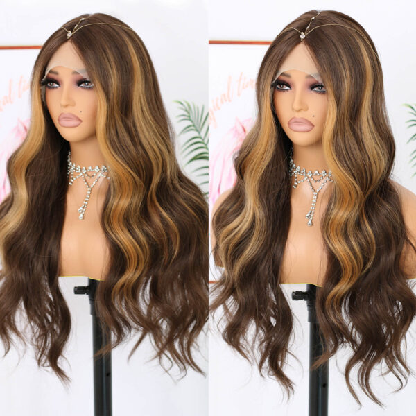 Synthetic Fiber Wig Wholesale Bulk Sale Factory  High Quality Lace Front Wig Body Wave Brown Highlight  Glueless Wigs - Image 6