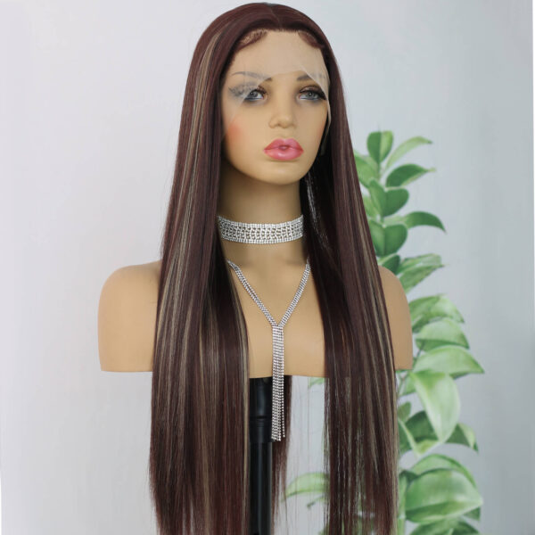 Synthetic Fiber Wig Wholesale Bulk Sale Factory  High Quality Lace Front Wig Long Silk Natural Heat with Baby Hair Brown Highlight Glueless Wigs - Image 5