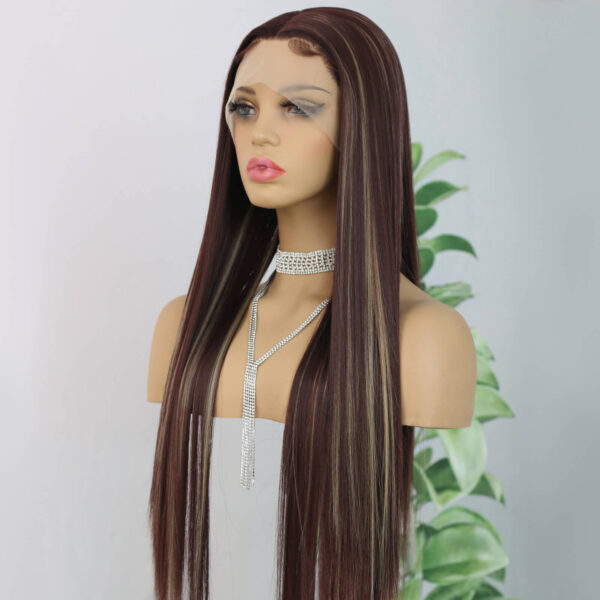 Synthetic Fiber Wig Wholesale Bulk Sale Factory  High Quality Lace Front Wig Long Silk Natural Heat with Baby Hair Brown Highlight Glueless Wigs - Image 2