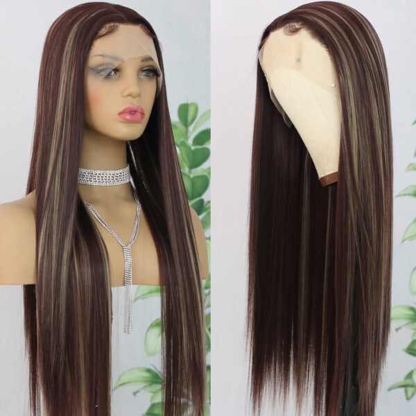 Synthetic Fiber Wig Wholesale Bulk Sale Factory  High Quality Lace Front Wig Long Silk Natural Heat with Baby Hair Brown Highlight Glueless Wigs - Image 7