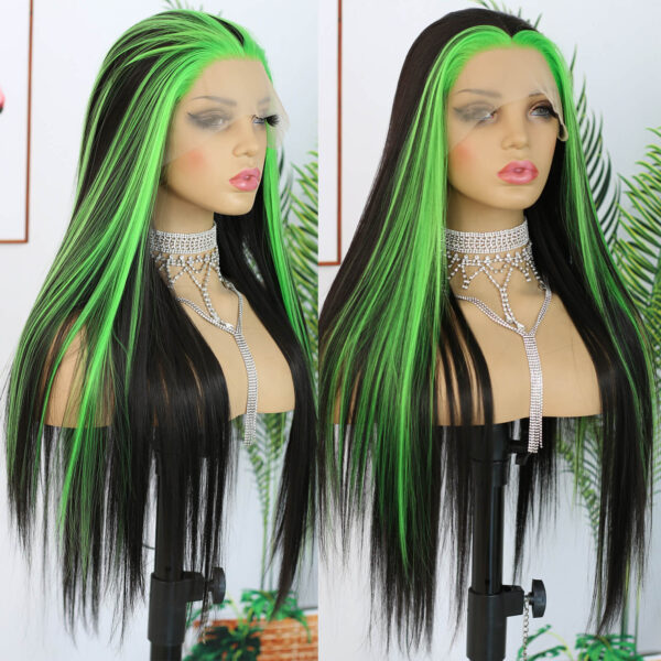 Synthetic Fiber Wig Wholesale Bulk Sale Factory  High Quality Lace Front Wig Long Silk Natural Heat with Baby Hair Blak and Green Streak Glueless Wigs