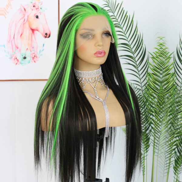 Synthetic Fiber Wig Wholesale Bulk Sale Factory  High Quality Lace Front Wig Long Silk Natural Heat with Baby Hair Blak and Green Streak Glueless Wigs - Image 2