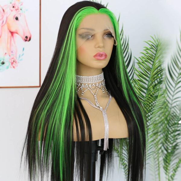 Synthetic Fiber Wig Wholesale Bulk Sale Factory  High Quality Lace Front Wig Long Silk Natural Heat with Baby Hair Blak and Green Streak Glueless Wigs - Image 3