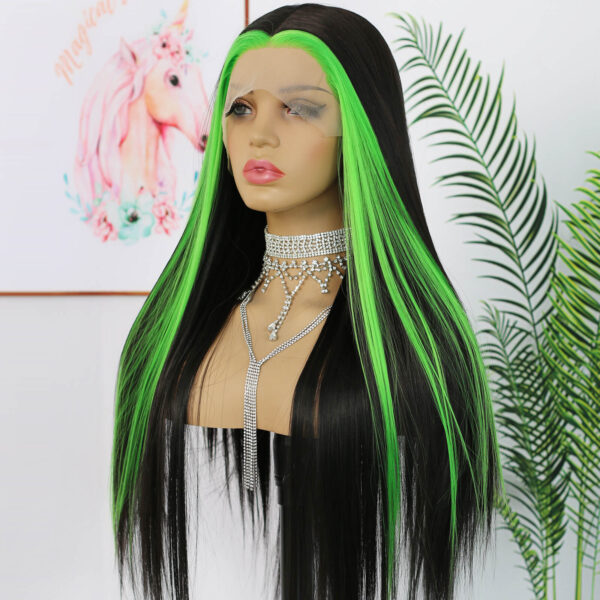 Synthetic Fiber Wig Wholesale Bulk Sale Factory  High Quality Lace Front Wig Long Silk Natural Heat with Baby Hair Blak and Green Streak Glueless Wigs - Image 4