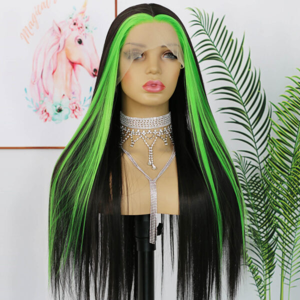 Synthetic Fiber Wig Wholesale Bulk Sale Factory  High Quality Lace Front Wig Long Silk Natural Heat with Baby Hair Blak and Green Streak Glueless Wigs - Image 5