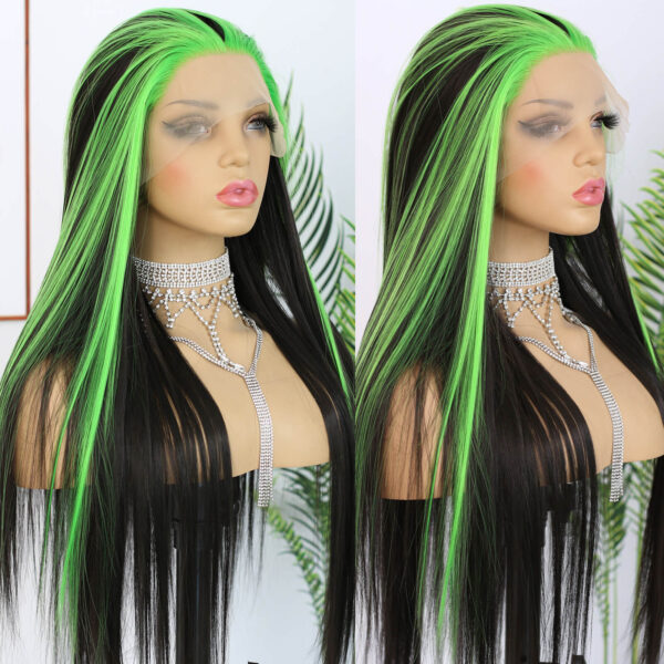 Synthetic Fiber Wig Wholesale Bulk Sale Factory  High Quality Lace Front Wig Long Silk Natural Heat with Baby Hair Blak and Green Streak Glueless Wigs - Image 6