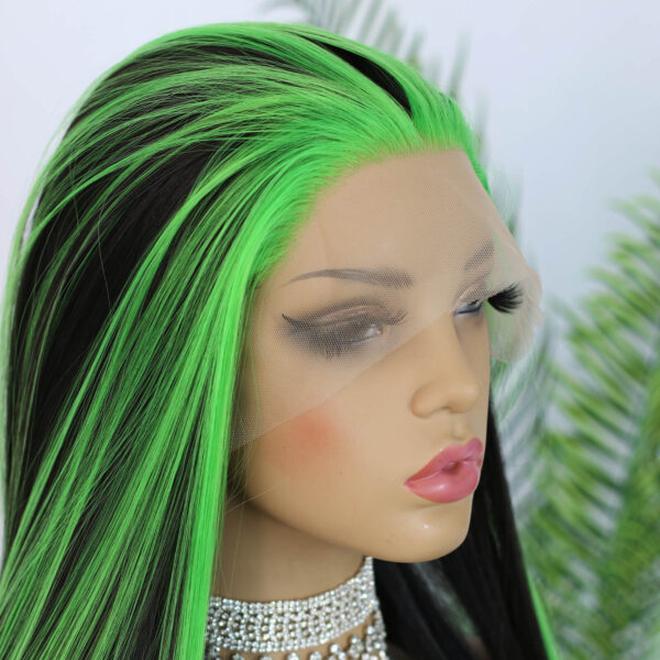 Synthetic Fiber Wig Wholesale Bulk Sale Factory  High Quality Lace Front Wig Long Silk Natural Heat with Baby Hair Blak and Green Streak Glueless Wigs - Image 7