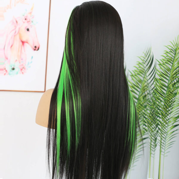 Synthetic Fiber Wig Wholesale Bulk Sale Factory  High Quality Lace Front Wig Long Silk Natural Heat with Baby Hair Blak and Green Streak Glueless Wigs - Image 8