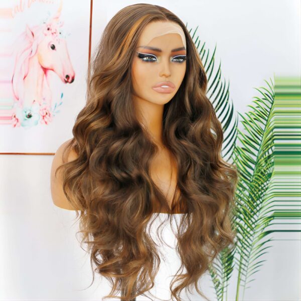 Synthetic Fiber Wig Wholesale Bulk Sale Factory  High Quality Lace Front Wig Highlight Brown Long Body Wave With Baby Hair For Women 24 Inch Glueless Wigs - Image 3