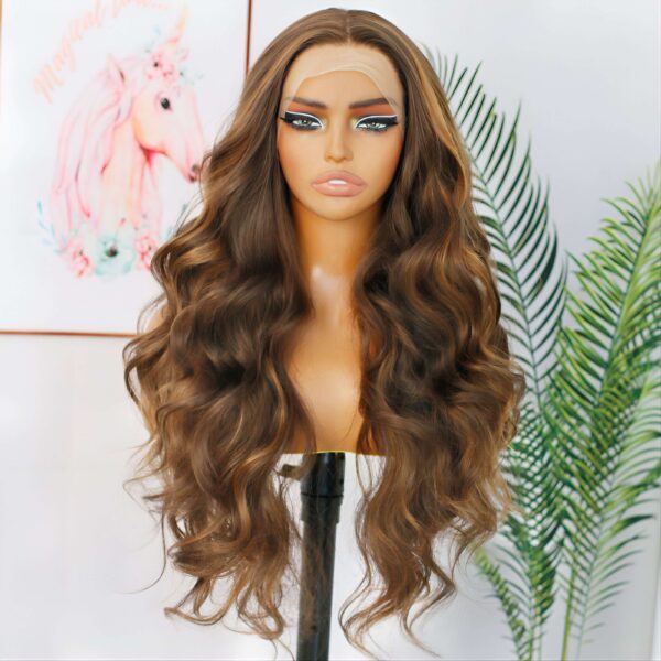 Synthetic Fiber Wig Wholesale Bulk Sale Factory  High Quality Lace Front Wig Highlight Brown Long Body Wave With Baby Hair For Women 24 Inch Glueless Wigs - Image 4