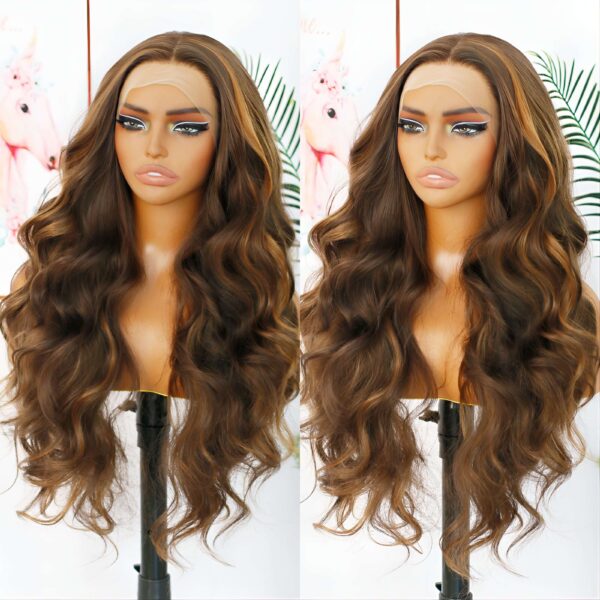 Synthetic Fiber Wig Wholesale Bulk Sale Factory  High Quality Lace Front Wig Highlight Brown Long Body Wave With Baby Hair For Women 24 Inch Glueless Wigs