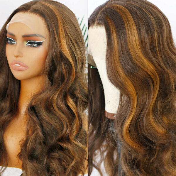 Synthetic Fiber Wig Wholesale Bulk Sale Factory  High Quality Lace Front Wig Highlight Brown Long Body Wave With Baby Hair For Women 24 Inch Glueless Wigs - Image 5