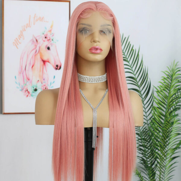 Synthetic Fiber Wig Wholesale Bulk Sale Factory  High Quality Lace Front Wig Long Silk Natural Heat with Baby Hair Pink Colorful Glueless Wigs - Image 3