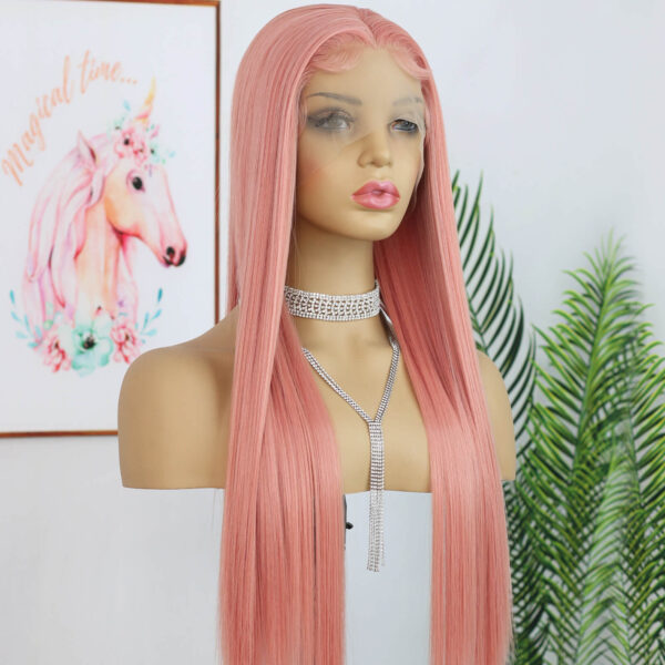 Synthetic Fiber Wig Wholesale Bulk Sale Factory  High Quality Lace Front Wig Long Silk Natural Heat with Baby Hair Pink Colorful Glueless Wigs - Image 2