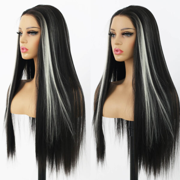 Synthetic Fiber Wig Wholesale Bulk Sale Factory  High Quality Lace Front Wig Long Silk Natural Heat with Baby Hair Black and White Skunk Stripe Colorful Glueless Wigs