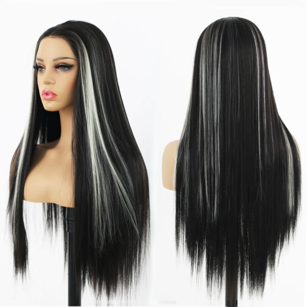 Synthetic Fiber Wig Wholesale Bulk Sale Factory  High Quality Lace Front Wig Long Silk Natural Heat with Baby Hair Black and White Skunk Stripe Colorful Glueless Wigs - Image 2