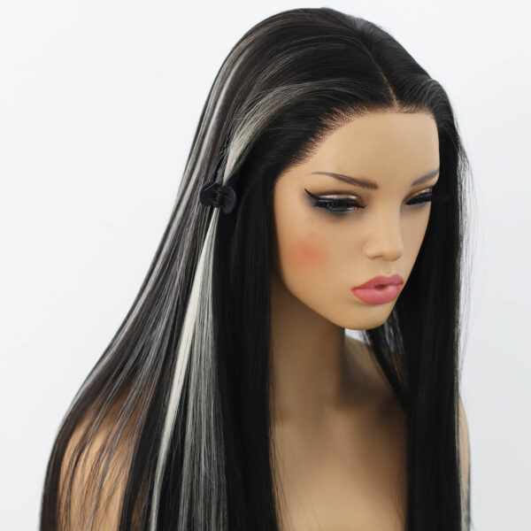 Synthetic Fiber Wig Wholesale Bulk Sale Factory  High Quality Lace Front Wig Long Silk Natural Heat with Baby Hair Black and White Skunk Stripe Colorful Glueless Wigs - Image 5