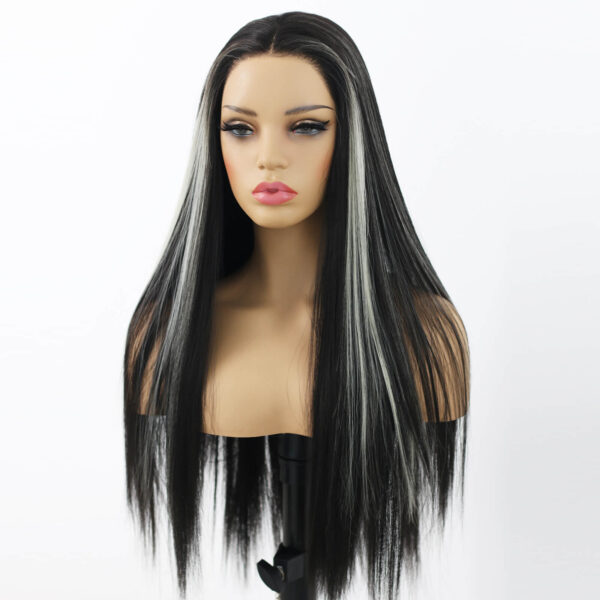 Synthetic Fiber Wig Wholesale Bulk Sale Factory  High Quality Lace Front Wig Long Silk Natural Heat with Baby Hair Black and White Skunk Stripe Colorful Glueless Wigs - Image 4