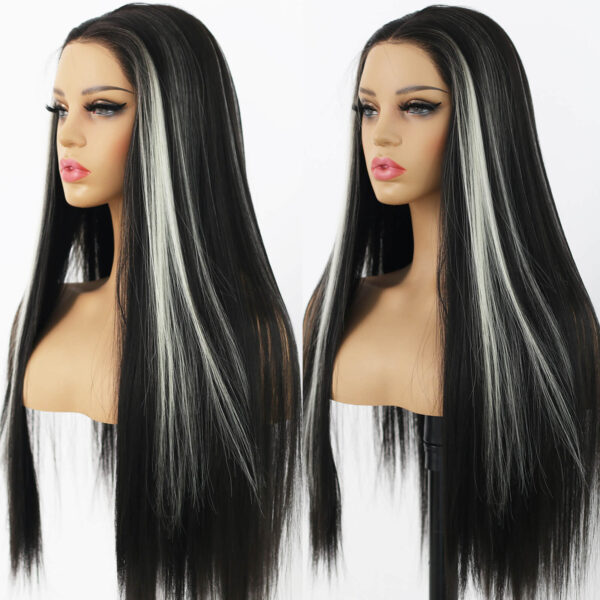 Synthetic Fiber Wig Wholesale Bulk Sale Factory  High Quality Lace Front Wig Long Silk Natural Heat with Baby Hair Black and White Skunk Stripe Colorful Glueless Wigs - Image 3