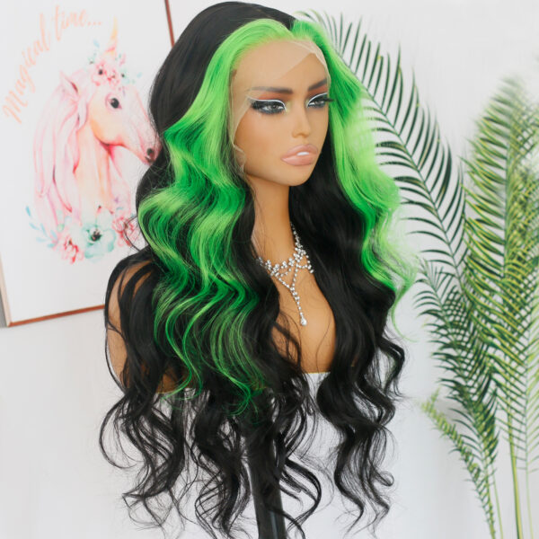 Synthetic Fiber Wig Wholesale Bulk Sale Factory  High Quality Lace Front Wig Loose Wave with Baby Hair Blak and Green Streak  Glueless Wigs - Image 2