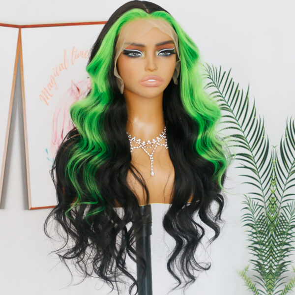 Synthetic Fiber Wig Wholesale Bulk Sale Factory  High Quality Lace Front Wig Loose Wave with Baby Hair Blak and Green Streak  Glueless Wigs - Image 3