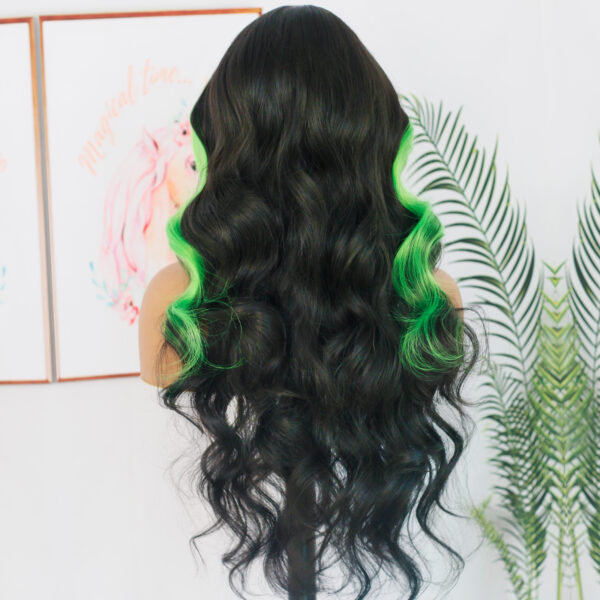 Synthetic Fiber Wig Wholesale Bulk Sale Factory  High Quality Lace Front Wig Loose Wave with Baby Hair Blak and Green Streak  Glueless Wigs - Image 4