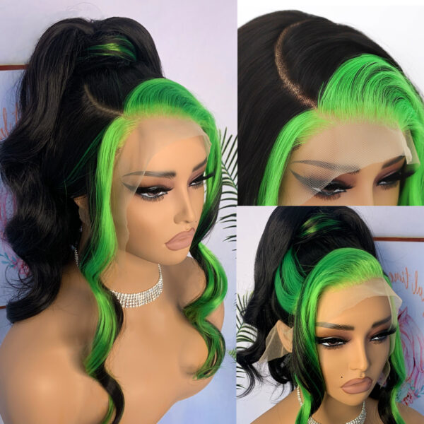 Synthetic Fiber Wig Wholesale Bulk Sale Factory  High Quality Lace Front Wig Loose Wave with Baby Hair Blak and Green Streak  Glueless Wigs - Image 6