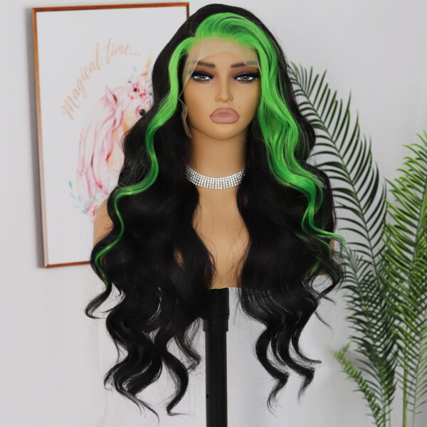 Synthetic Fiber Wig Wholesale Bulk Sale Factory  High Quality Lace Front Wig Loose Wave with Baby Hair Blak and Green Streak  Glueless Wigs - Image 7