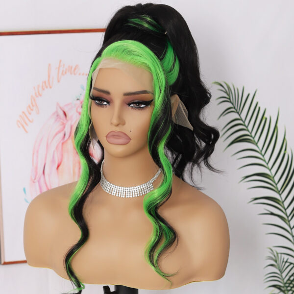 Synthetic Fiber Wig Wholesale Bulk Sale Factory  High Quality Lace Front Wig Loose Wave with Baby Hair Blak and Green Streak  Glueless Wigs - Image 8