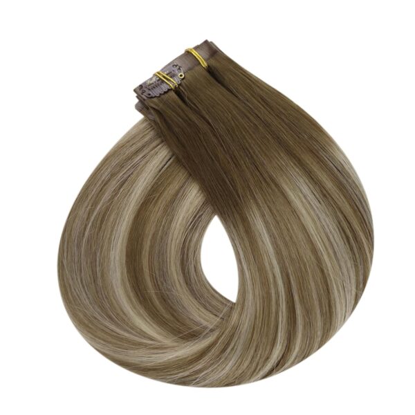 Hair Extensions Wholesale Bulk Sale Factory High Quality Clip in Hair Double Drawn 100% Remy Virgin Human Linen Brown and Golden Highlight Straight Hair