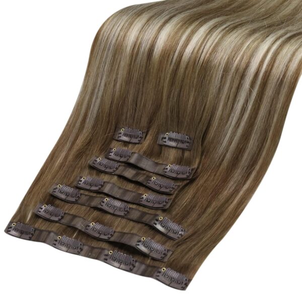 Hair Extensions Wholesale Bulk Sale Factory High Quality Clip in Hair Double Drawn 100% Remy Virgin Human Linen Brown and Golden Highlight Straight Hair - Image 3