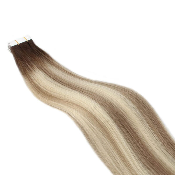 Hair Extensions Wholesale Bulk Sale Factory High Quality invisible cuticle aligned tape in Hair Double Drawn 100% Remy Virgin Human  Nature Brown and White Golden Highlight Straight Hair