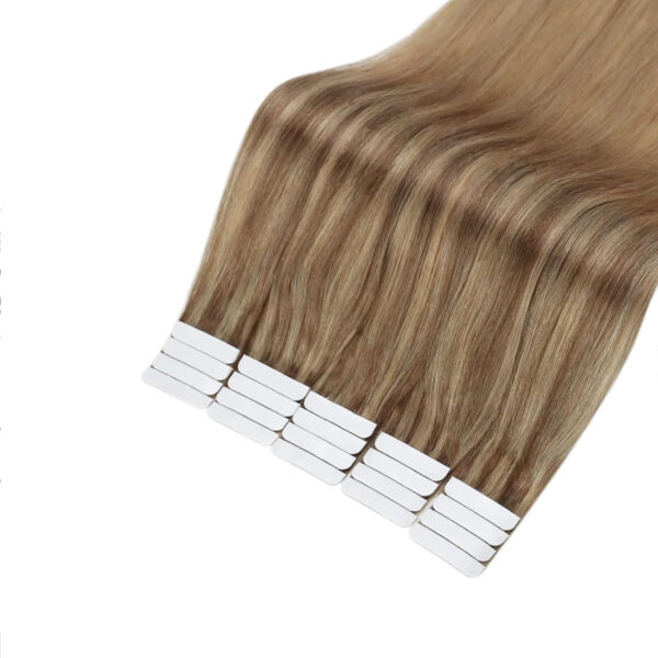 Hair Extensions Wholesale Bulk Sale Factory High Quality invisible cuticle aligned tape in Hair Double Drawn 100% Remy Virgin Human Nature Brown and  Golden Highlight Straight Hair - Image 2