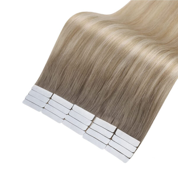 Hair Extensions Wholesale Bulk Sale Factory High Quality invisible cuticle aligned tape in Hair Double Drawn 100% Remy Virgin Human  Light Linen Brown and  Light Blonde Highlight Straight Hair - Image 3