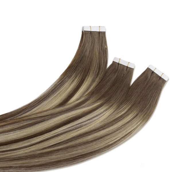 Hair Extensions Wholesale Bulk Sale Factory High Quality invisible cuticle aligned tape in Hair Double Drawn 100% Remy Virgin Human Dark Brown and Light Linen Brown Highlight Straight Hair - Image 3